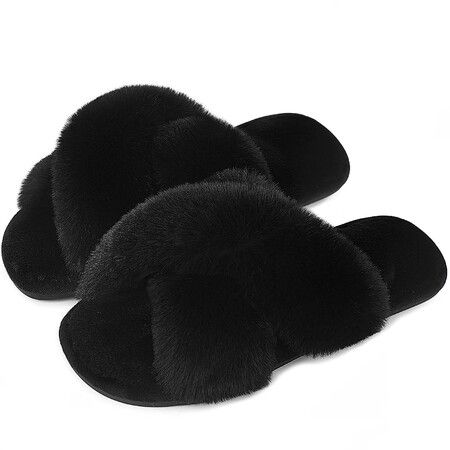 Fluffy House Slippers for Women Fuzzy Slippers Upgraded TPR Sole Cute Slippers for Women Indoor and Outdoor Size M Color Black