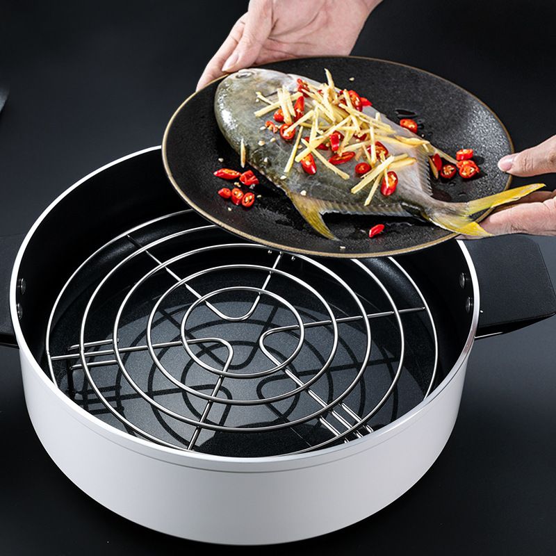 Stainless Steel Steamer Rack Dumplings Eggs Round Steamer Tray Trivet Pans Air Fryer Stand Kitchen Supplies(1 Pack,19.5*5.3 CM)