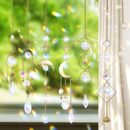 6PCS Crystals Suncatcher, Hanging with Chain Pendant Ornament, Colorful Crystals Suncatchers Prisms for Home Office Wedding Party Garden Decoration