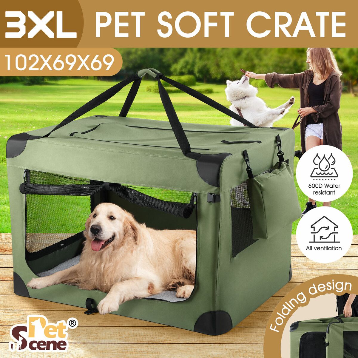 Soft Dog Crate Kennel Pet Cage Cat Travel Carry Bag Extra Large Puppy Carrier Foldable Portable Green 3XL