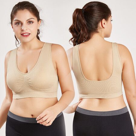 Women'S Wireless Bra, Full-Coverage Overlay Stretch Knit Bra, Comfortable Fitness Sleep Yoga Plus Size Tank Top Col.Nude Size L
