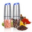 Gravity Electric Grinder set of 2,Automatic Pepper and Salt Mill Grinder with Blue LED LIGHT,Electric Pepper Mill with Adjustable Coarseness,Refillable,salt and pepper shaker,pepper grinder (Silver,2 Pack)