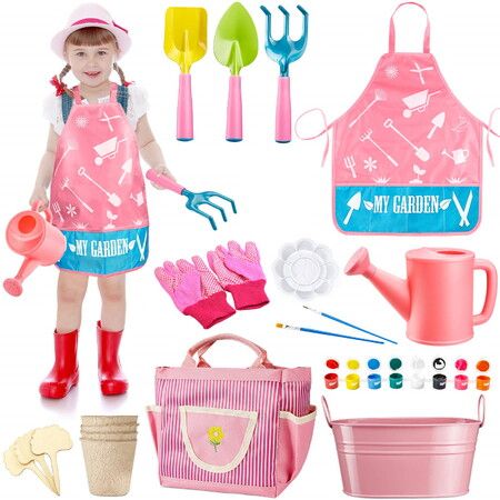 19Pcs Kids Gardening Tools Apron, Watering Can, Gardening Gloves, Shovel, Rake,Painting Accessories Beach Sand Toy Easter Gifts for Girls