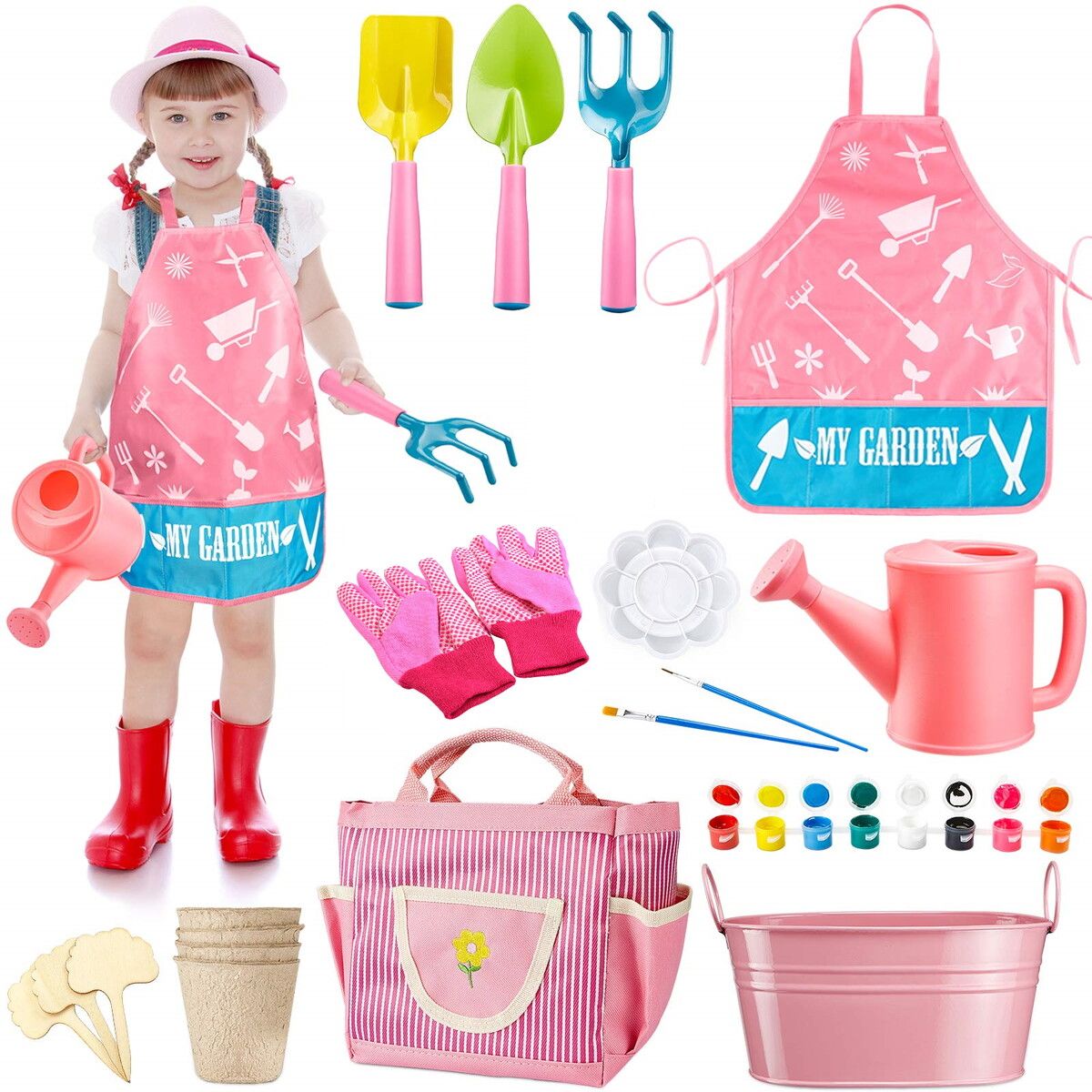 19Pcs Kids Gardening Tools Apron, Watering Can, Gardening Gloves, Shovel, Rake,Painting Accessories Beach Sand Toy Easter Gifts for Girls