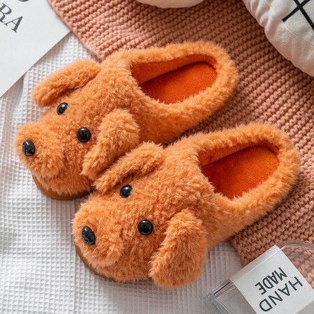 Cute Teddy Animal Slippers House Slippers Warm Memory Foam Cotton Cozy Soft Fleece Plush Home Slippers Indoor Outdoor Color Orange Size S