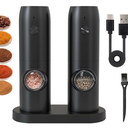 2 Packs Electric Salt Pepper Grinder Set, USB Rechargeable with Dual  Charging Base, Gravity Safety Switch, Automatic Dust Lids with LED Light,  One Hand Operation, Adjustable Coarseness
