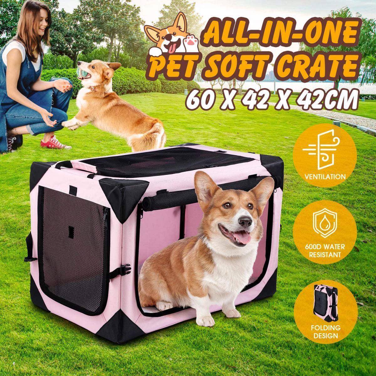 Dog Pet Cat Crate Cage Rabbit Hutch Bird Puppy Bunny Carrier Travel Indoor Soft Outdoor Car Foldable Medium Pink