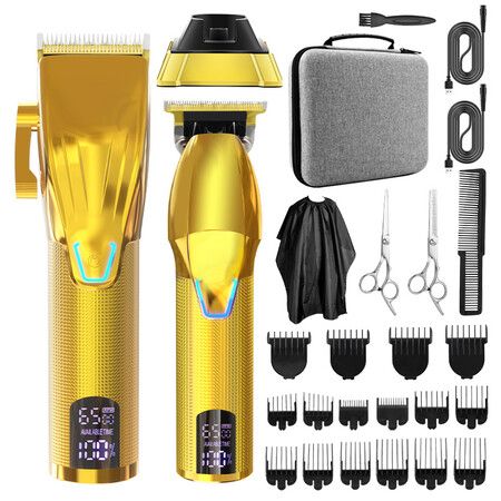 Hair Clippers T-Blade Trimmer Set with Charging Base Cordless 4 Adjustable Speeds Hair Barbe Kit-Gold