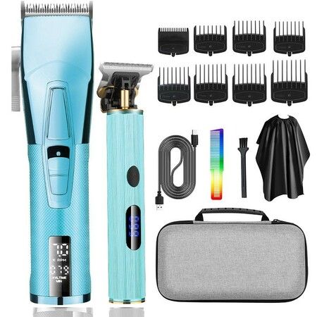 Hair Clippers with Beard Trimmer Set Cordless 2 Adjustable Speeds Haircut Kit T-Blade USB Rechargeable-Blue