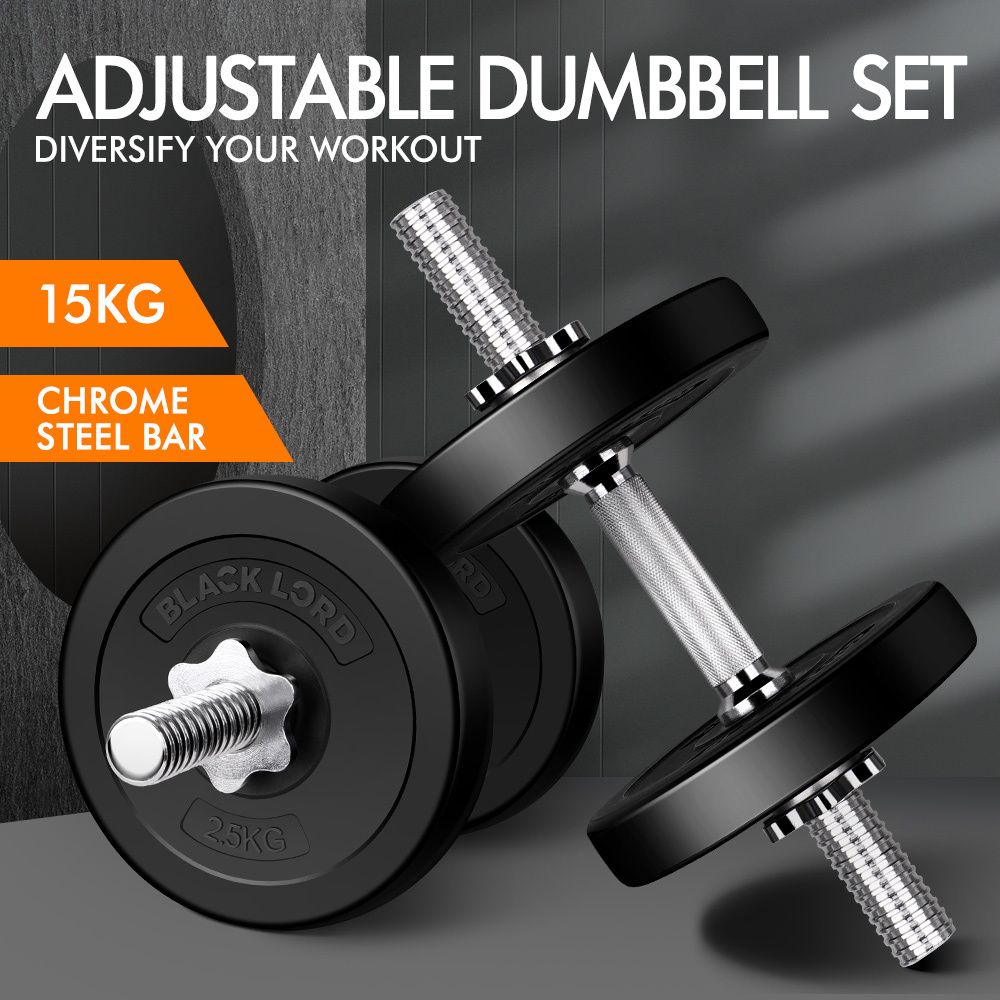 BLACK LORD 15KG Adjustable Dumbbell Set Rubber Plates Weight Lifting Bench