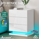 ALFORDSON Bedside Table RGB LED Nightstand 3 Drawers 4 Side High Gloss White