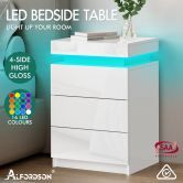 ALFORDSON Bedside Table RGB LED Nightstand 3 Drawers 4 Side High Gloss White