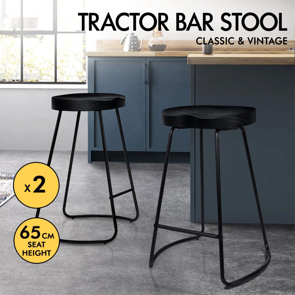 ALFORDSON 2x Bar Stools 65cm Tractor Kitchen Wooden Vintage Chair Black