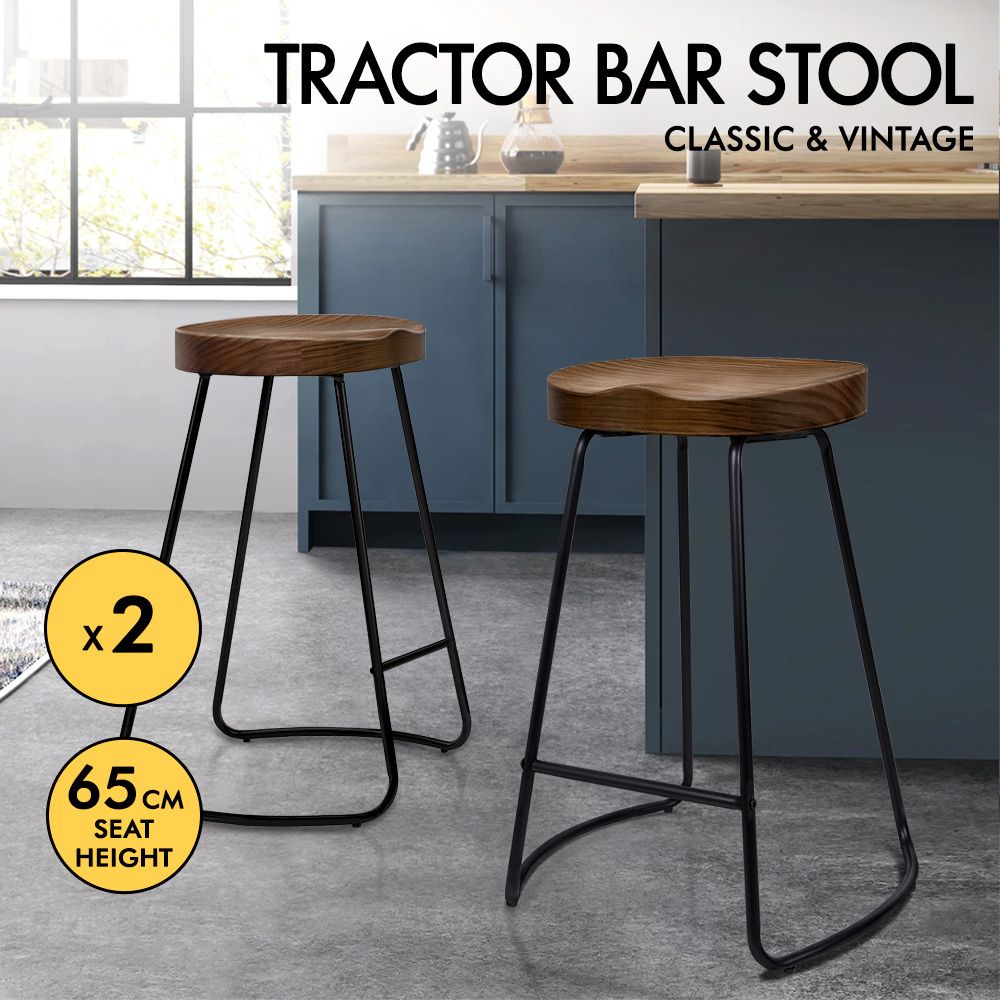 ALFORDSON 2x Bar Stools 65cm Tractor Kitchen Wooden Vintage Chair Dark Wood