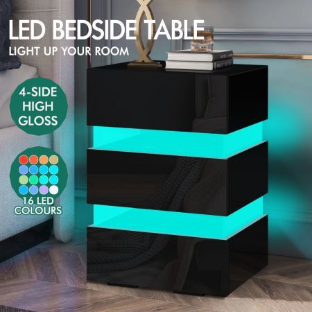 ALFORDSON Bedside Table RGB LED Nightstand 3 Drawers 4 Side High Gloss Black