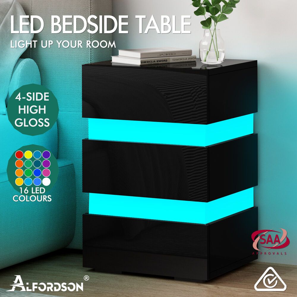 ALFORDSON Bedside Table RGB LED Nightstand 3 Drawers 4 Side High Gloss Black