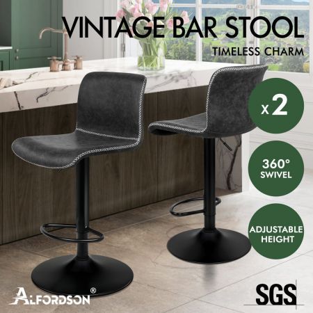 ALFORDSON 2x Bar Stools Remy Kitchen Gas Lift Swivel Chair Vintage Leather Dark Grey