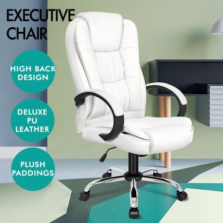 ALFORDSON Office Chair Executive PU Leather Computer Gaming Racer White Seat