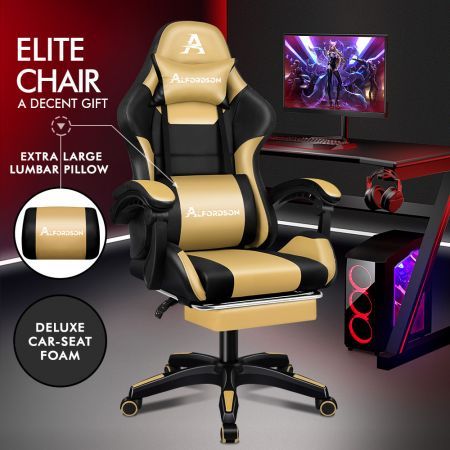 ALFORDSON Gaming Office Chair Extra Large Pillow Racing Executive Footrest Seat Black & Gold