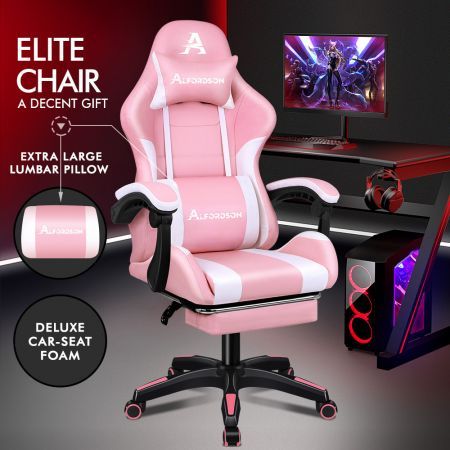 ALFORDSON Gaming Office Chair Extra Large Pillow Racing Executive Footrest Seat Pink & White