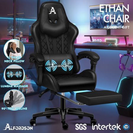 ALFORDSON Gaming Chair Office Racer Large Lumbar Cushion Footrest Seat Leather All Black