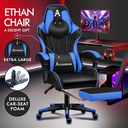 ALFORDSON Gaming Chair Office Racer Large Lumbar Cushion Footrest Seat Leather Black & Blue
