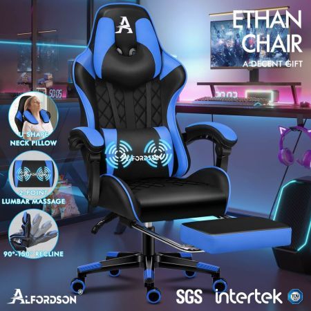ALFORDSON Gaming Chair Office Racer Large Lumbar Cushion Footrest Seat Leather Black & Blue