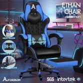 ALFORDSON Gaming Chair Office Racer Large Lumbar Cushion Footrest Seat Leather Black & Blue
