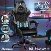 ALFORDSON Gaming Chair Office Racer Large Lumbar Cushion Footrest Seat Leather Black & Grey