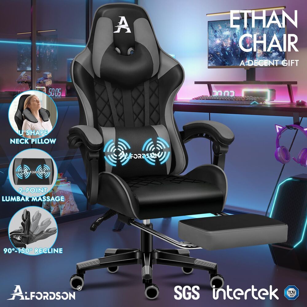 ALFORDSON Gaming Chair Office Racer Large Lumbar Cushion Footrest Seat Leather Black & Grey