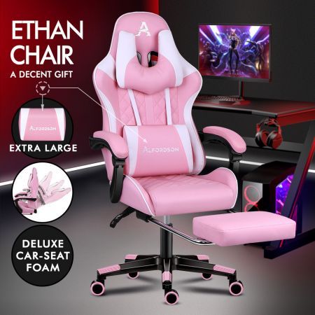 ALFORDSON Gaming Chair Office Racer Large Lumbar Cushion Footrest Seat Leather Pink & White