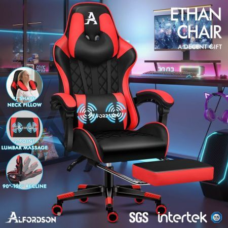 ALFORDSON Gaming Chair Office Racer Large Lumbar Cushion Footrest Seat Leather Black & Red