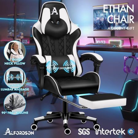 ALFORDSON Gaming Chair Office Racer Large Lumbar Cushion Footrest Seat Leather Black & White