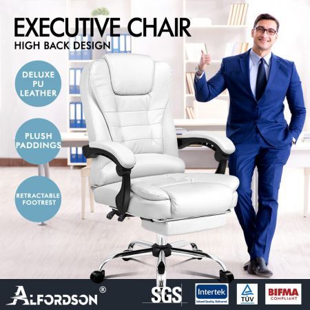ALFORDSON Office Chair Executive Gaming Computer Racer PU Leather Seat Recliner White
