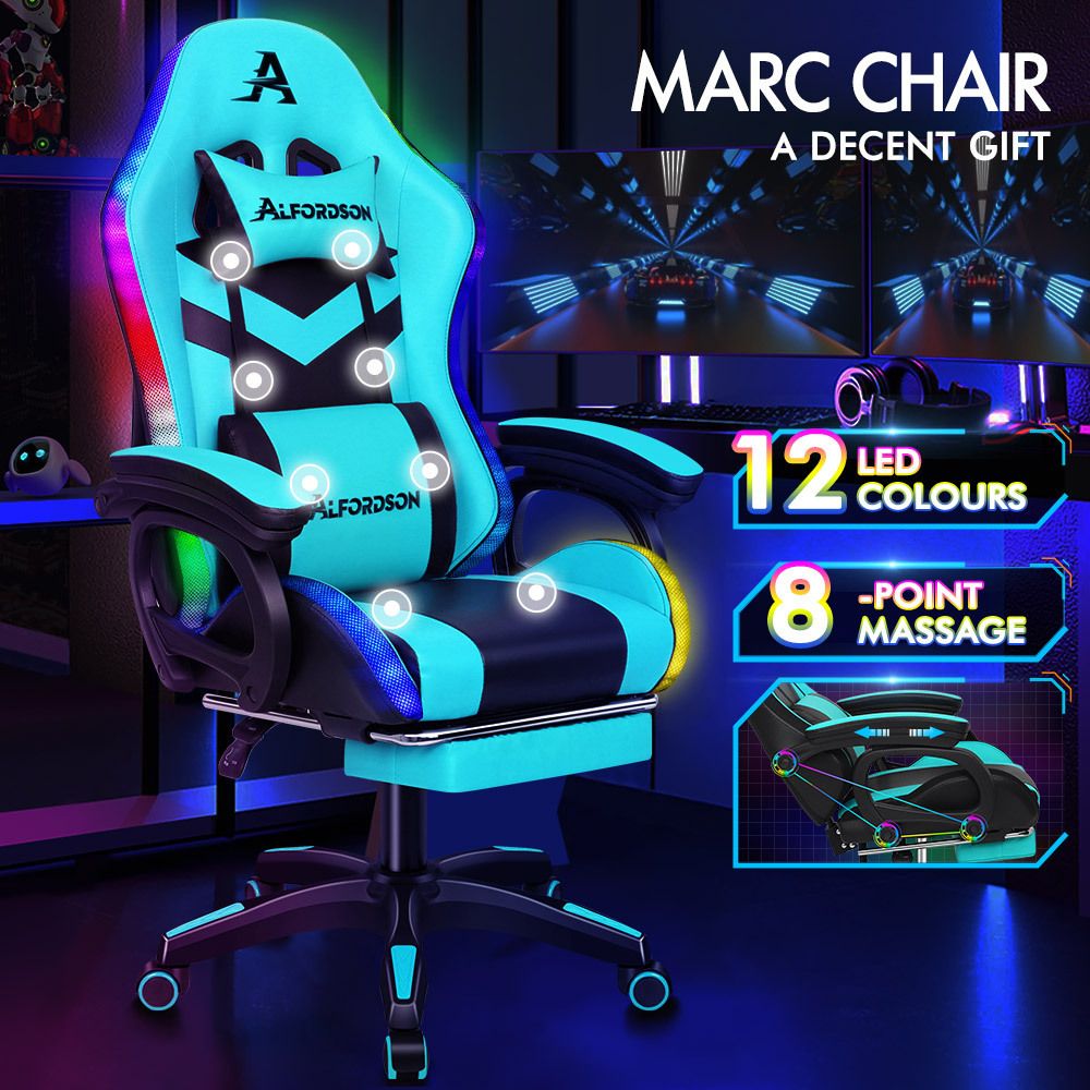 ALFORDSON Gaming Office Chair 12 RGB LED Massage Computer Seat Footrest Cyan