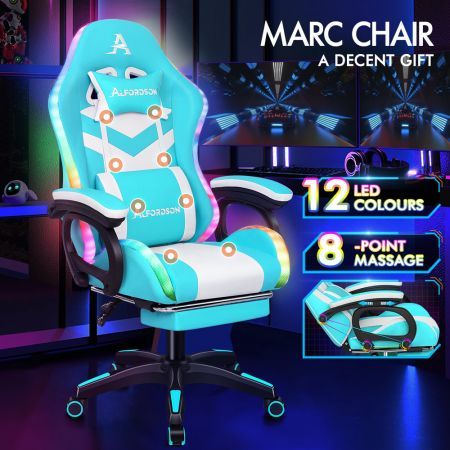 ALFORDSON Gaming Office Chair Massage 12 RGB LED Computer Seat Footrest