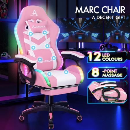 ALFORDSON Gaming Office Chair 12 RGB LED Massage Computer Seat Footrest Pink