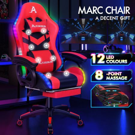 ALFORDSON Gaming Office Chair 12 RGB LED Massage Computer Seat Footrest Red