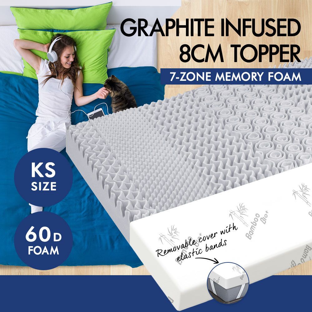 STARRY EUCALYPT KING SINGLE Graphite Infused Memory Foam Mattress Topper 7 Zone Cool Gel 8CM