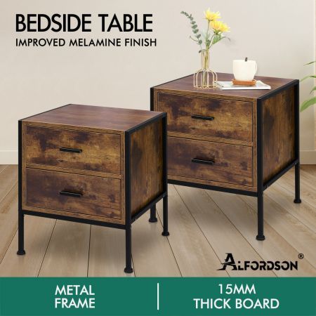 ALFORDSON 2x Bedside Table Retro Wood Nightstand Vintage 2 Drawers Storage Cabinet Wooden Side Table Dark Oak