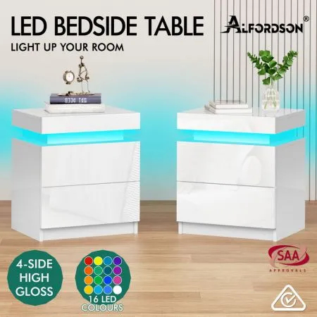 ALFORDSON 2x Bedside Table RGB LED Nightstand 2 Drawers 4 Side High Gloss White