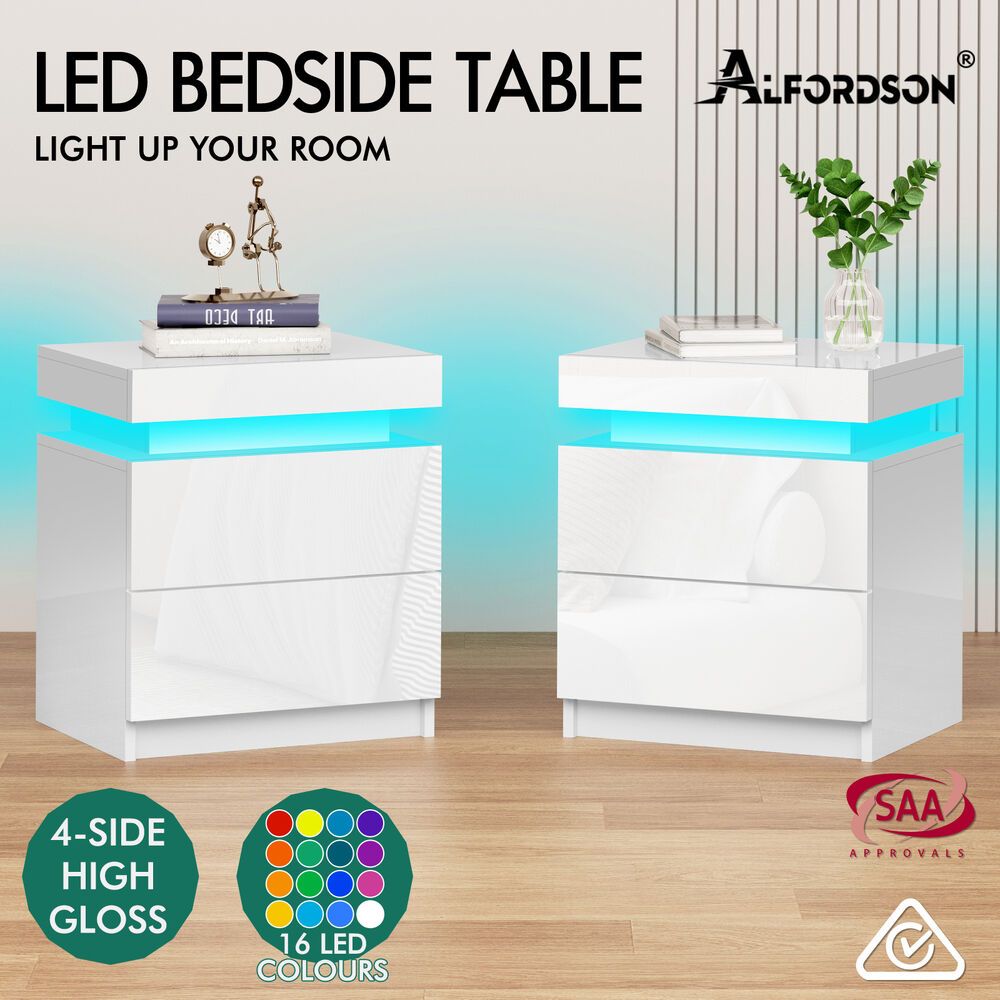 ALFORDSON 2x Bedside Table RGB LED Nightstand 2 Drawers 4 Side High Gloss White