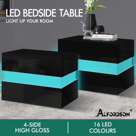ALFORDSON 2x Bedside Table RGB LED Nightstand 2 Drawers 4 Side High Gloss Black
