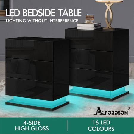 ALFORDSON 2x Bedside Table RGB LED Nightstand 3 Drawers 4 Side High Gloss Black