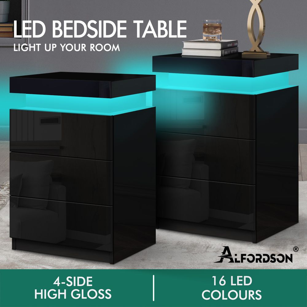 ALFORDSON 2x Bedside Table RGB LED Nightstand 3 Drawers 4 Side High Gloss Black