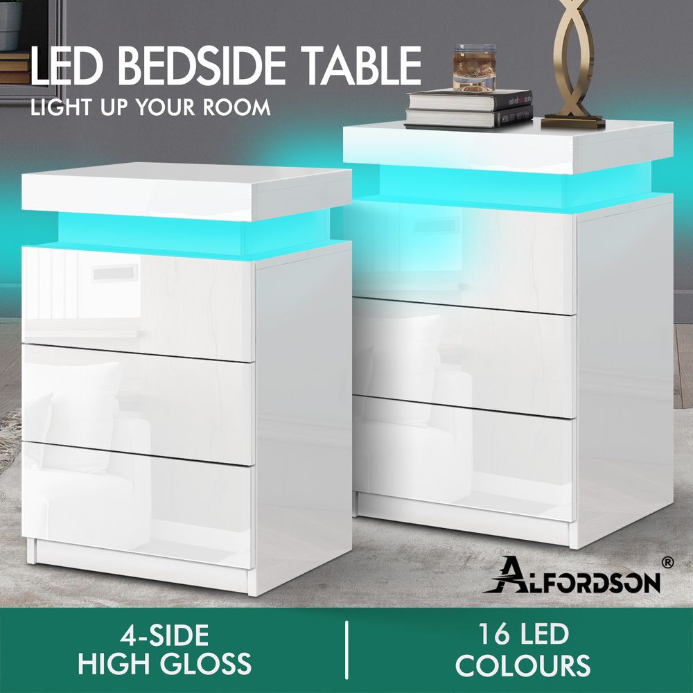 ALFORDSON 2x Bedside Table RGB LED Nightstand 3 Drawers 4 Side High Gloss White