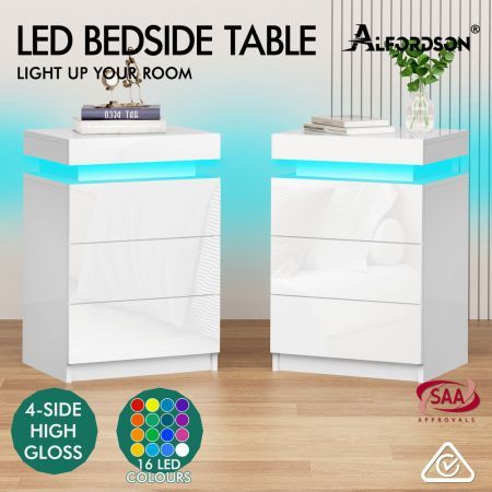 ALFORDSON 2x Bedside Table RGB LED Nightstand 3 Drawers 4 Side High Gloss White