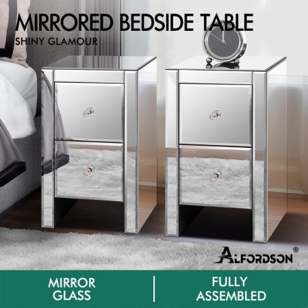 ALFORDSON 2x Mirrored Bedside Table Cabinet Nightstand Side End Table Drawers