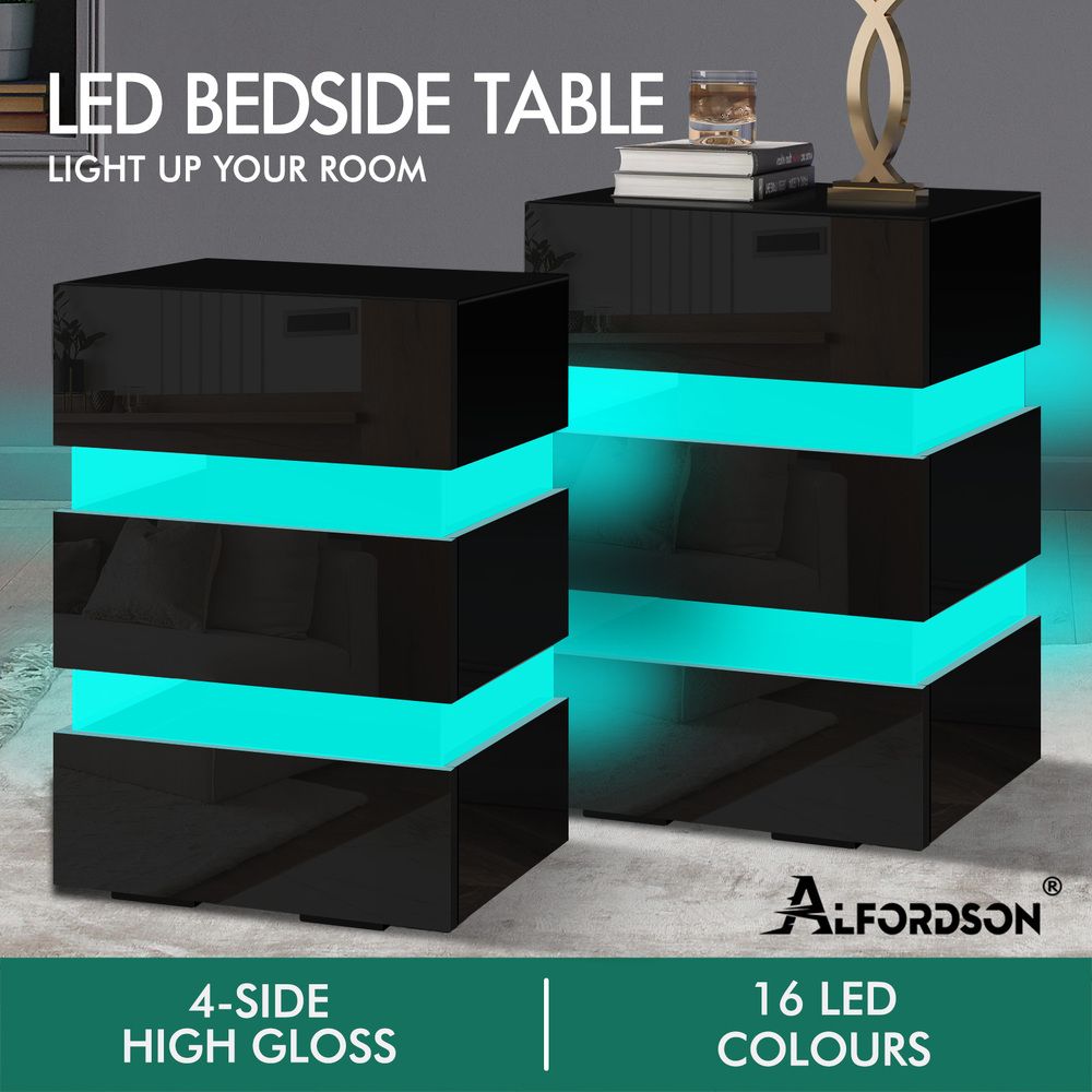 ALFORDSON 2x Bedside Table RGB LED Nightstand 3 Drawers 4 Side High Gloss Black