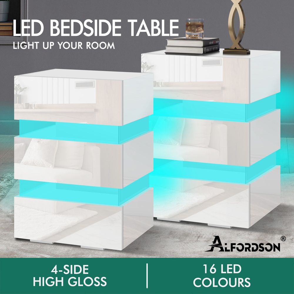 ALFORDSON 2x Bedside Table RGB LED Nightstand 3 Drawers 4 Side High Gloss White